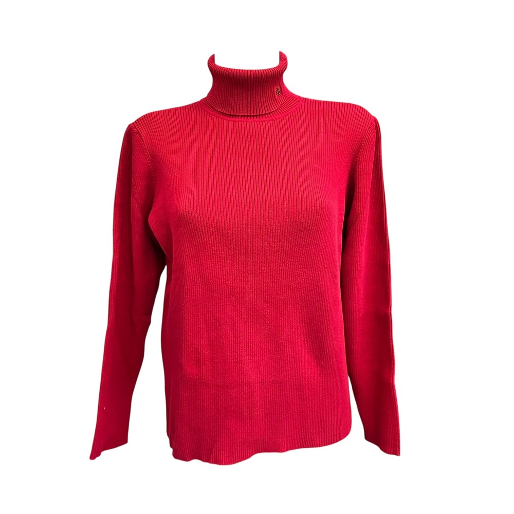Lauren Ralph Lauren Red Cotton Ribbed Knit‎ Turtleneck Sweater XL RL Logo Patch